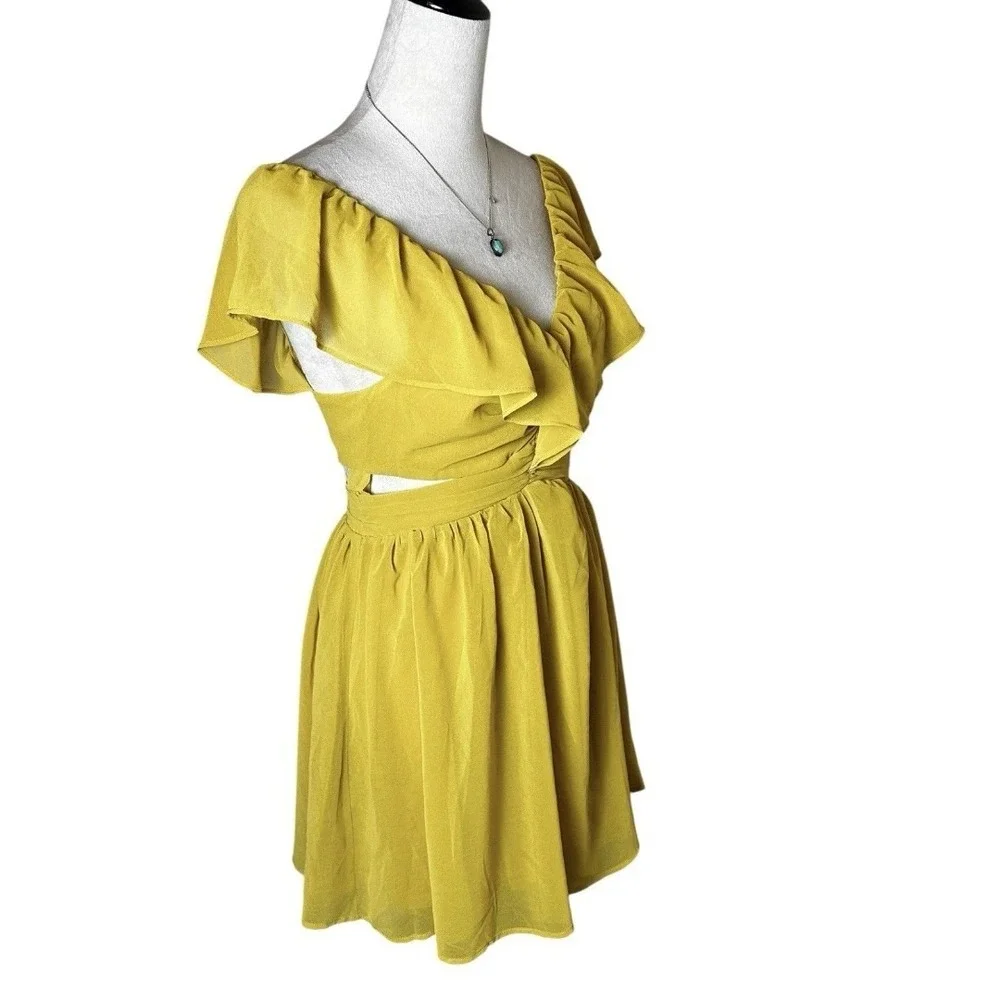 Keepsake the Label Mustard Yellow Ruffle Cutout Mini Dress 4 | Feminine Romantic